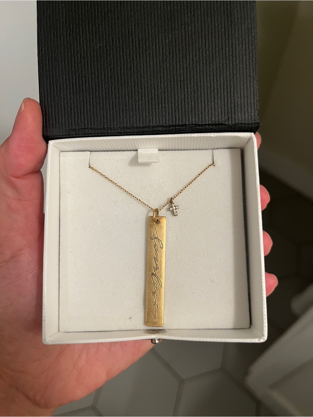 Golden Threads Gold Bar Pendant Necklace with Small Cross Charm